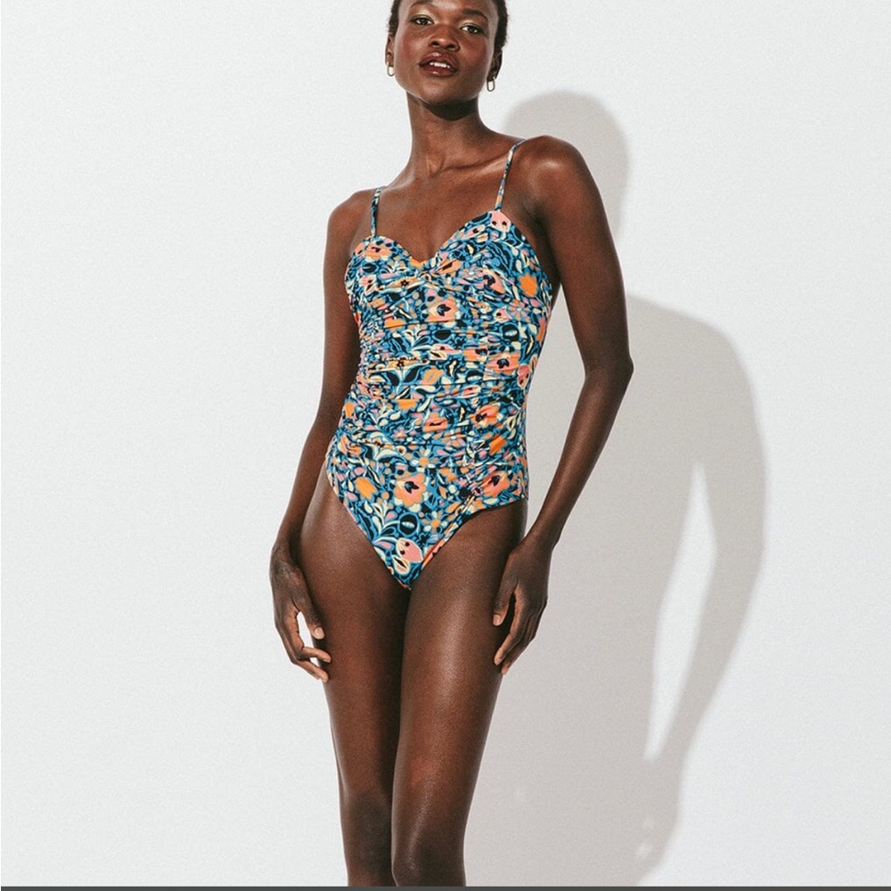 Cleobella Blue and Orange One-Piece Swimsuit with Floral Design